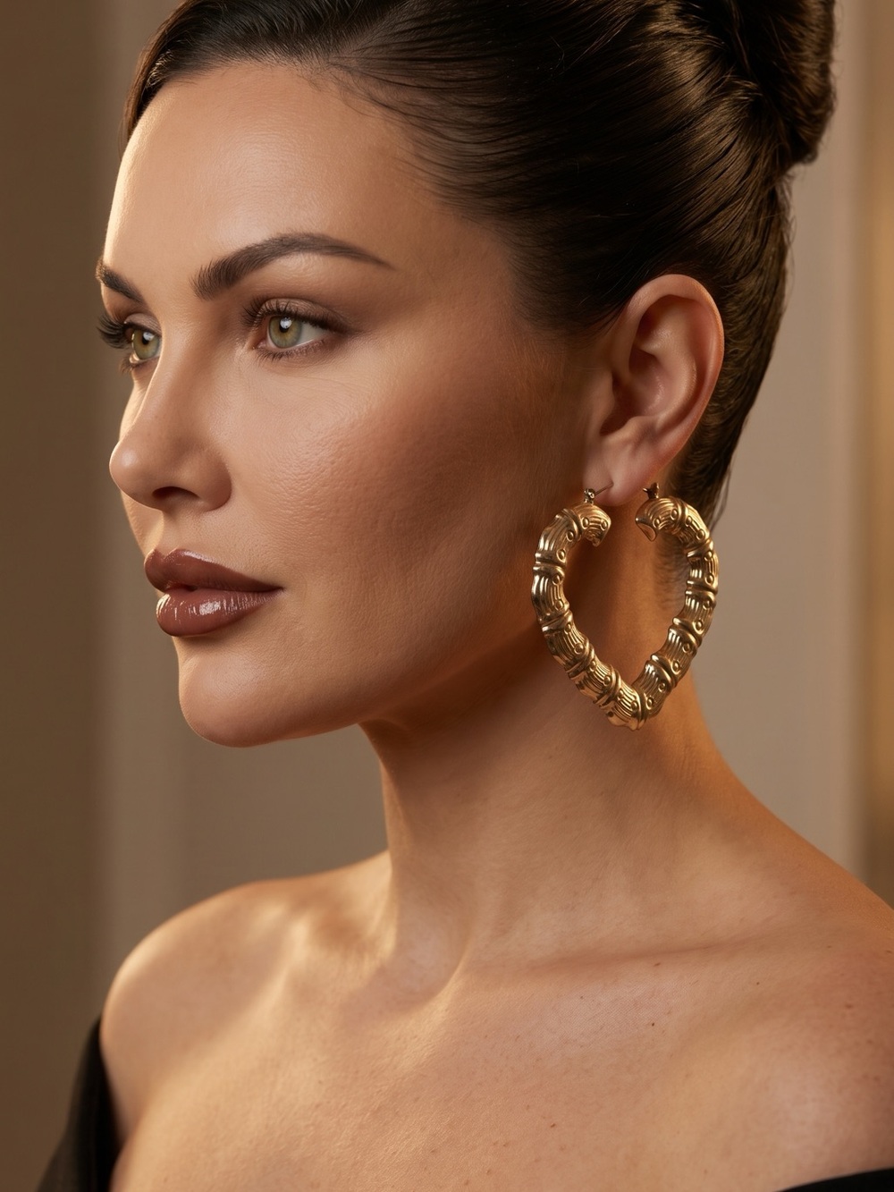 Gold Textured Bamboo-Style Hoop Earrings - Women Jewelry - Picture 11 of 11